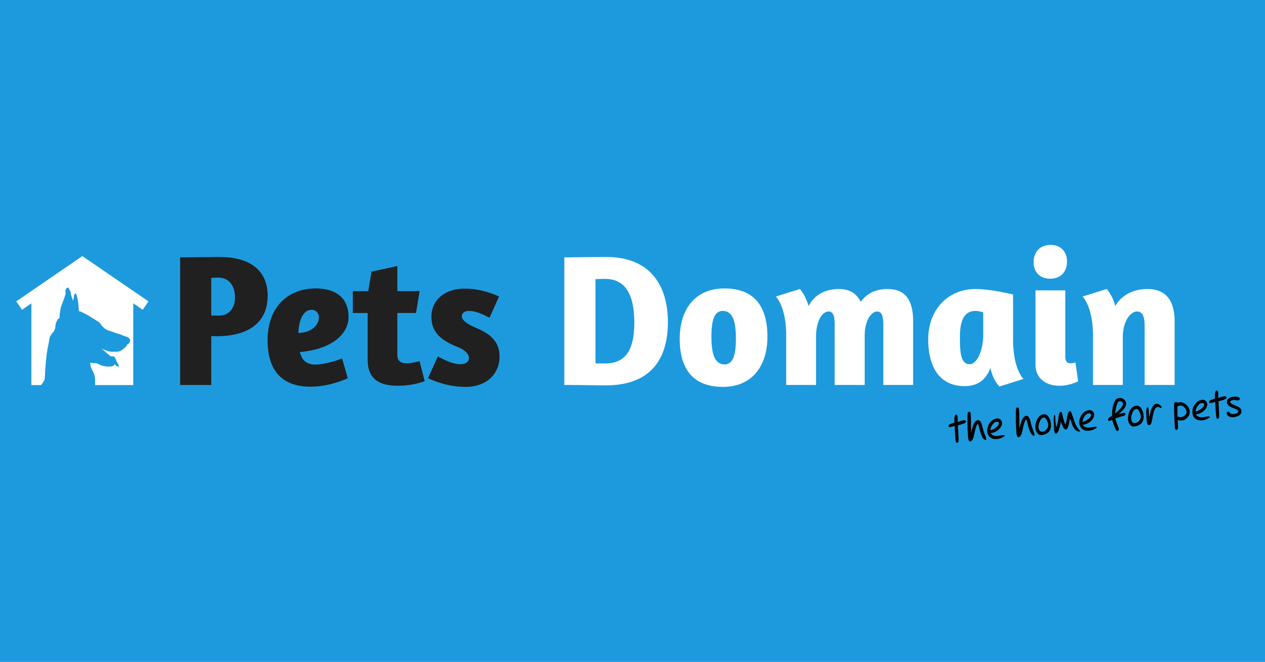 Logo of Pets Domain with a blue background, a dog inside a house outline on the left, and the text "Pets Domain" with a tagline "the home for pets".