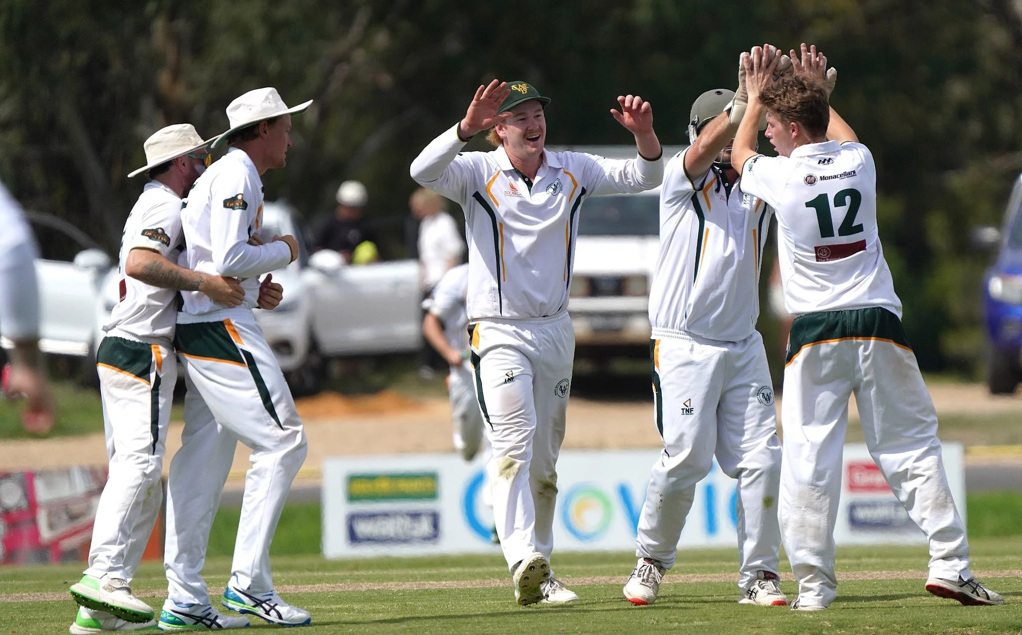 Cricket team celebrating on the field, some players giving high-fives.