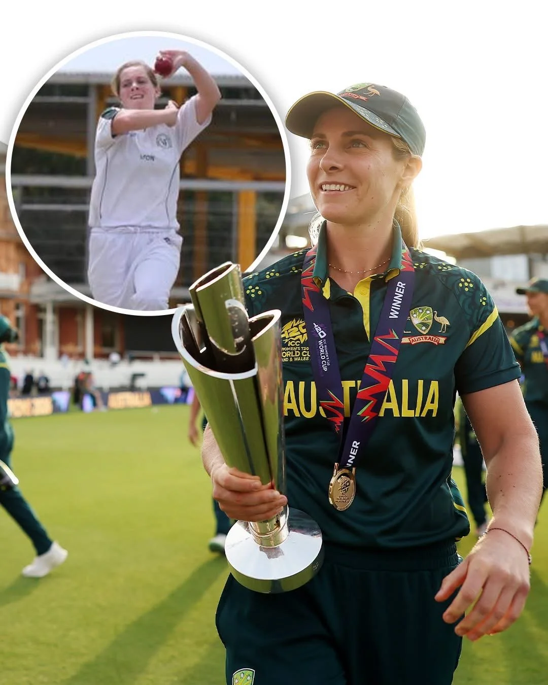 A woman in Australian sports uniform holds a trophy and wears a medals, celebrating a victory on a cricket field with other players in the background. An insert shows a girl in a white sports uniform with a red ball, celebrating as a cricket player.