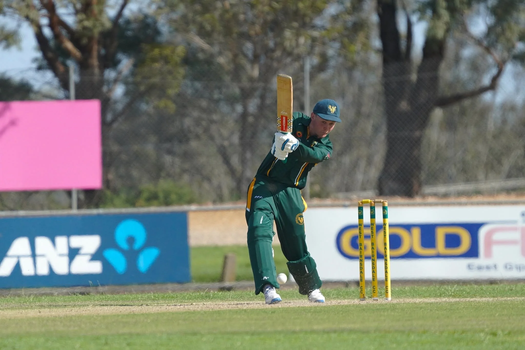 A cricket player in green uniform and blue cap prepares to hit a cricket ball with a wooden bat during a match on a grassy field.