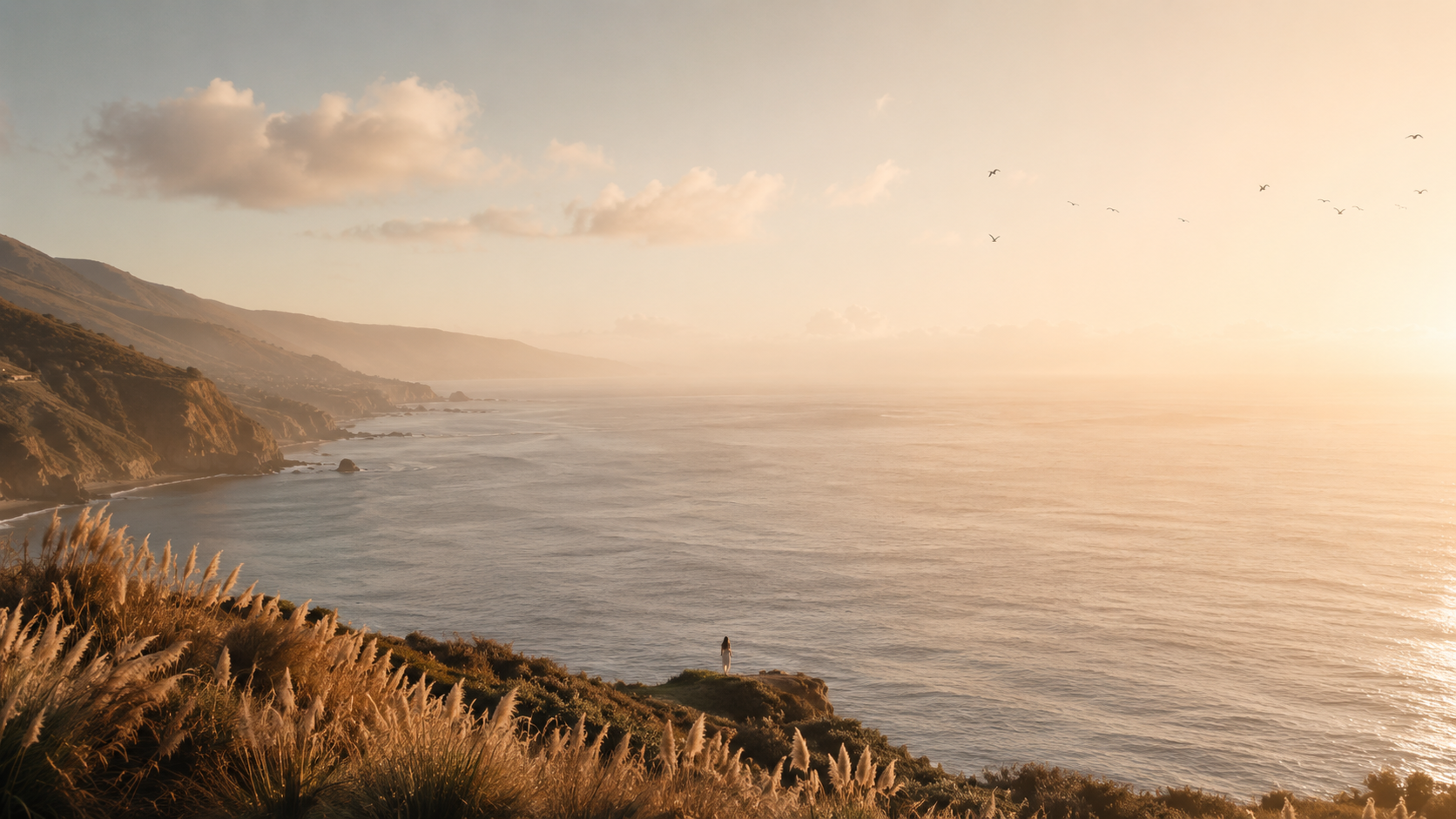 A person standing alone on a cliff overlooking the ocean at sunset, with hills and cliffs in the background, and birds flying in the sky.