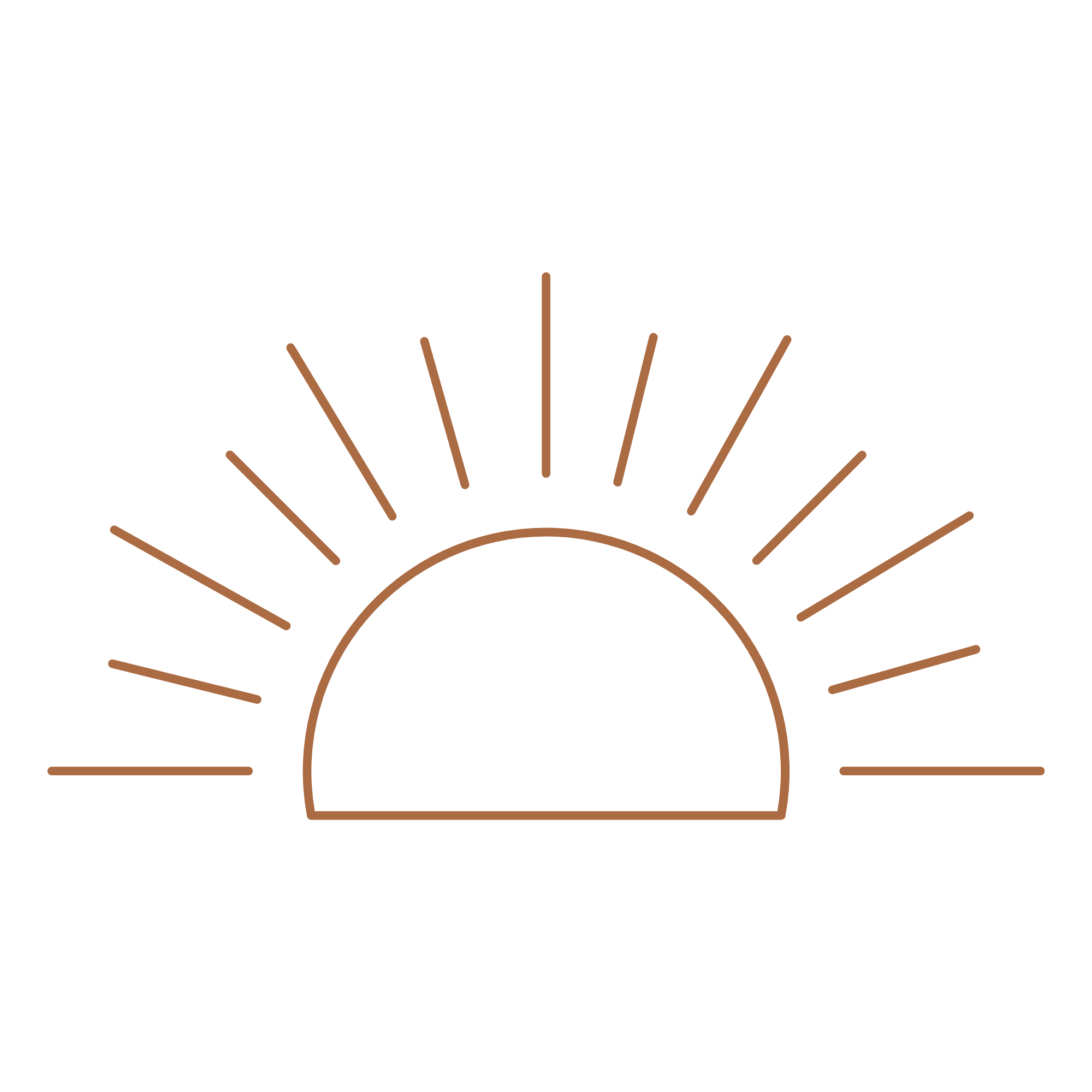 Illustration of a sunrise with rays extending outward on a black background.