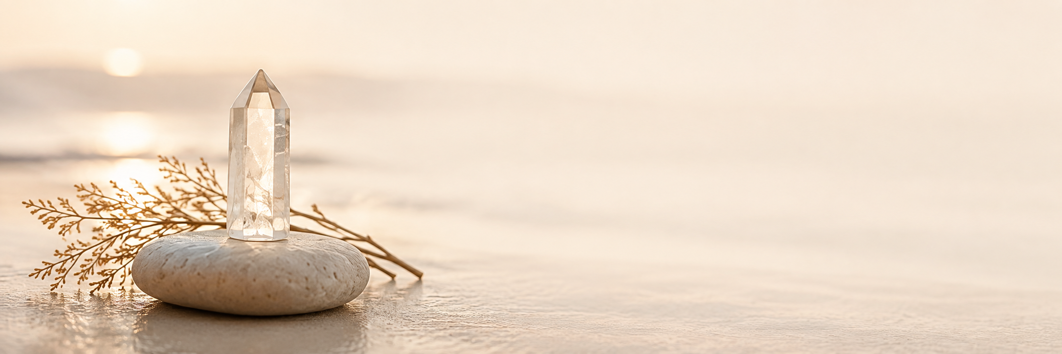 A clear crystal obelisk placed on a smooth white stone, with dried fern-like branches beside it, set against a light, blurred background with soft sunlight.