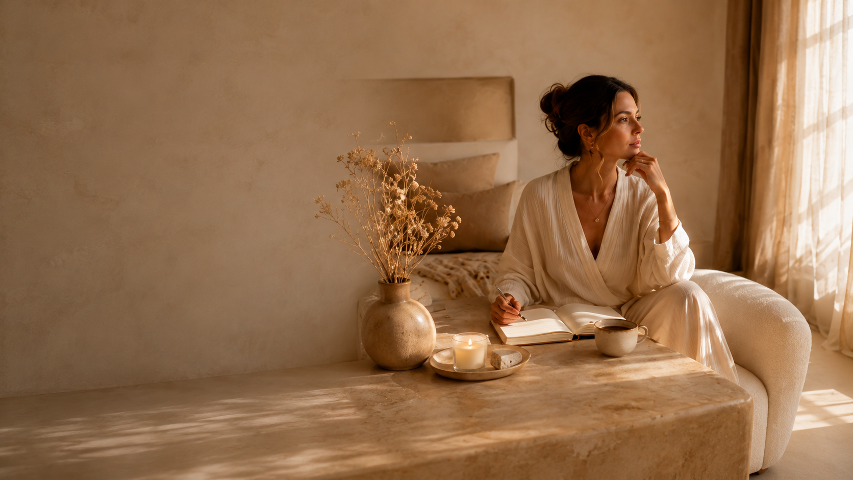 A woman sitting on a sofa in a warmly lit room, looking thoughtfully out the window. She has dark hair styled in a bun, is wearing a cream-colored outfit, and has a cup of coffee, an open notebook, and a pen in front of her on the table. There is a lit candle, a vase with dried flowers, and soft curtains to her right.