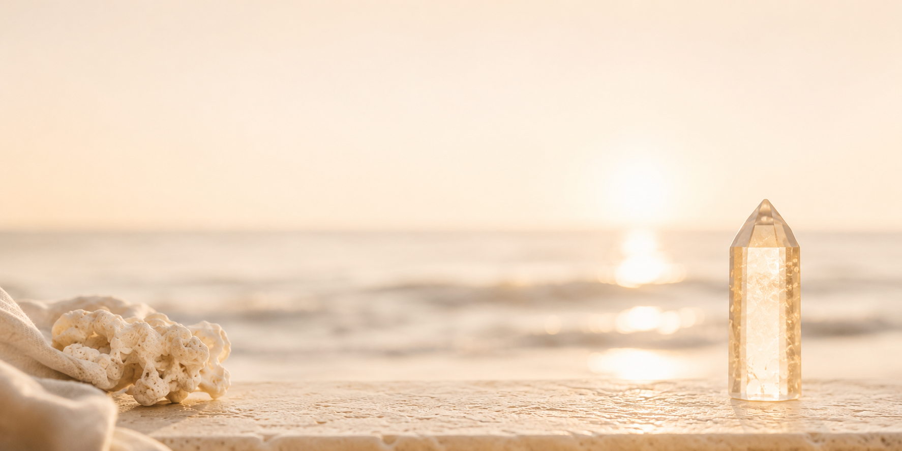 A clear quartz crystal standing on a sandy beach with the ocean and setting sun in the background.