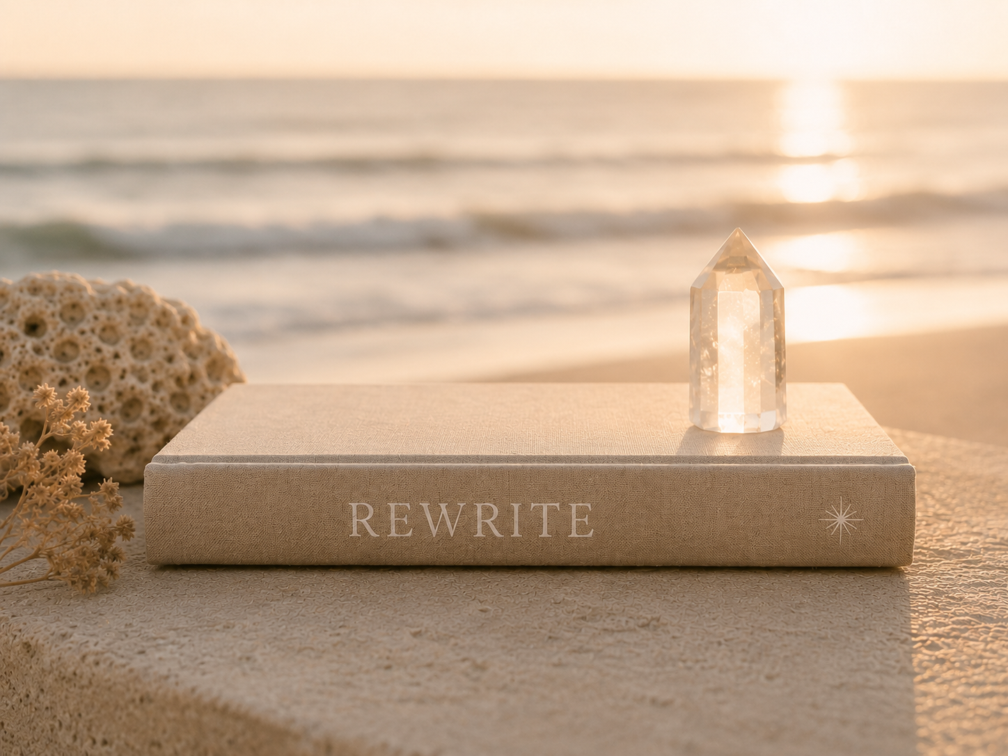 A beige book with the word 'REWRITE' on the spine, placed on a sandy surface near the beach, with a transparent crystal ornament and sea shells in the background during sunset.