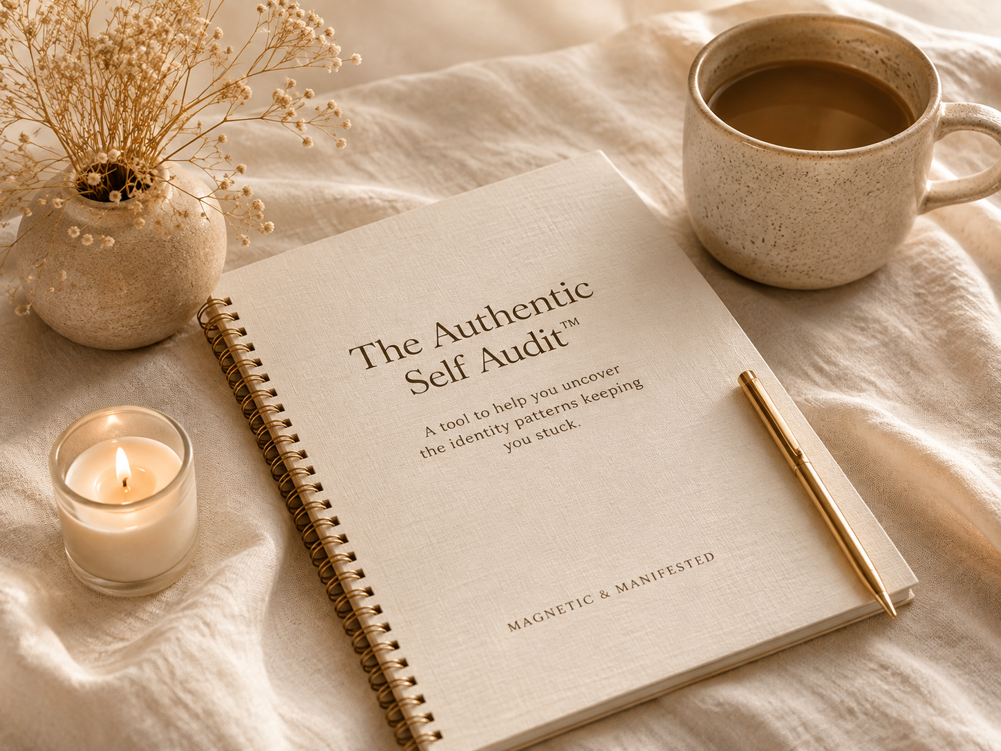 A beige spiral-bound notebook titled 'The Authentic Self Audit' with a subtitle about discovering identity patterns, a gold pen on top, a lit candle, a speckled ceramic mug filled with coffee, and a small vase with dried flowers, all arranged on a soft, cream-colored fabric surface.
