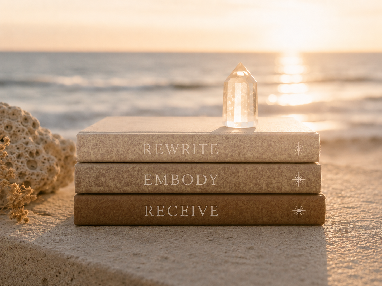 Three stacked books labeled 'REWRITE,' 'EMBODY,' and 'RECEIVE' are on a surface, with a quartz crystal on top. The scene is set outdoors at sunset by the ocean, with coral and dried flowers to the left.