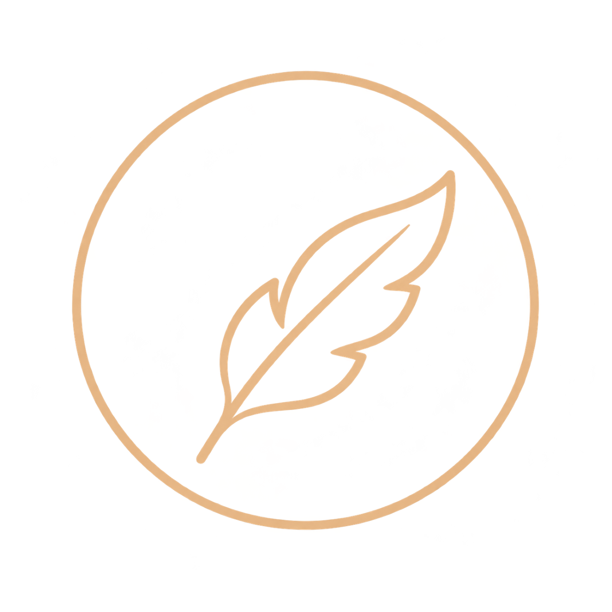 A logo featuring a black circle with a thin beige outline, containing a stylized beige and black leaf at the center with red, yellow, and black splatters in the background.