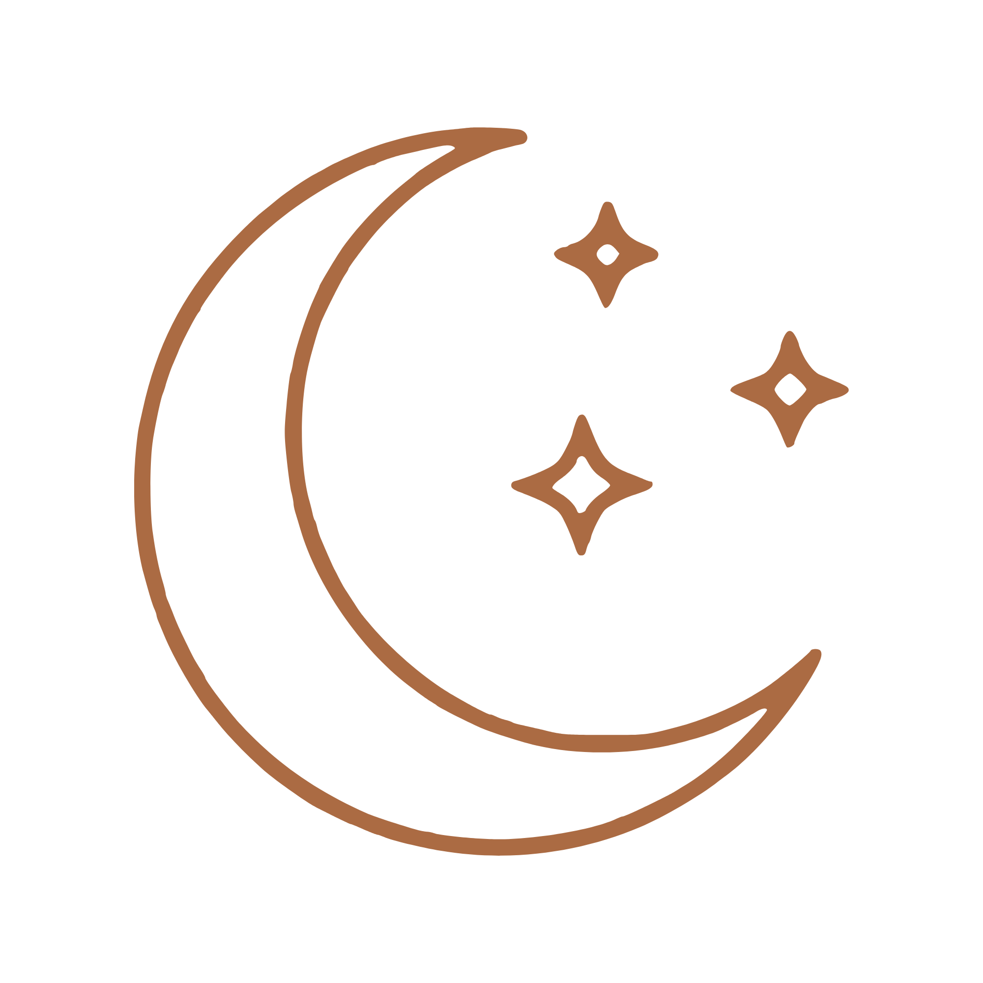 Line drawing of a crescent moon and stars in brown on a black background.