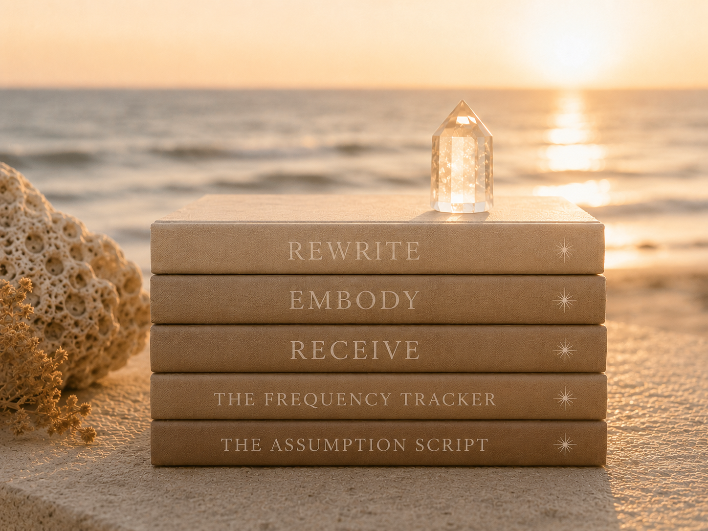 A stack of five beige books with titles: 'REWRITE,' 'EMBODY,' 'RECEIVE,' 'THE FREQUENCY TRACKER,' and 'THE ASSUMPTION SCRIPT,' outdoors at sunset near the ocean, with a crystal on top and a seashell to the left.