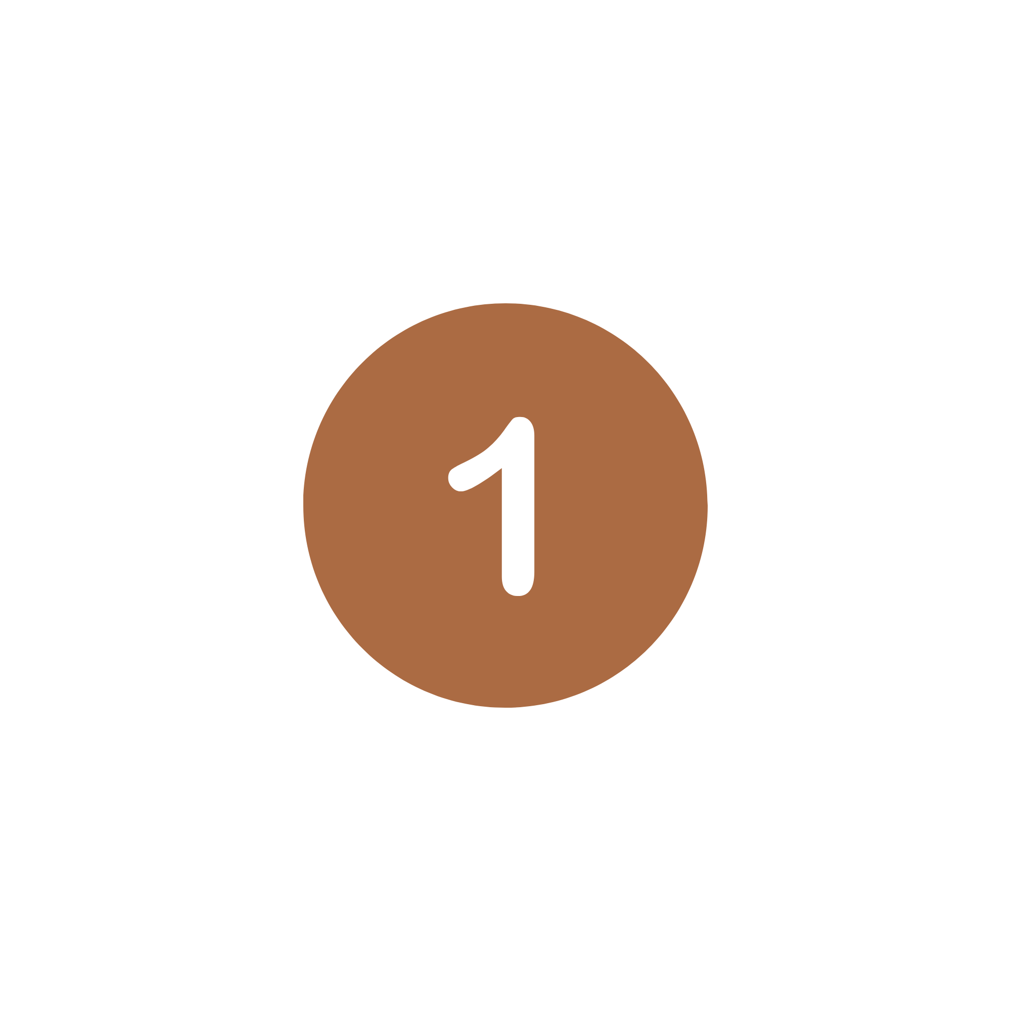 Brown circle with white numeral "1" in the center, encircled by black background and arrow pointing upward.