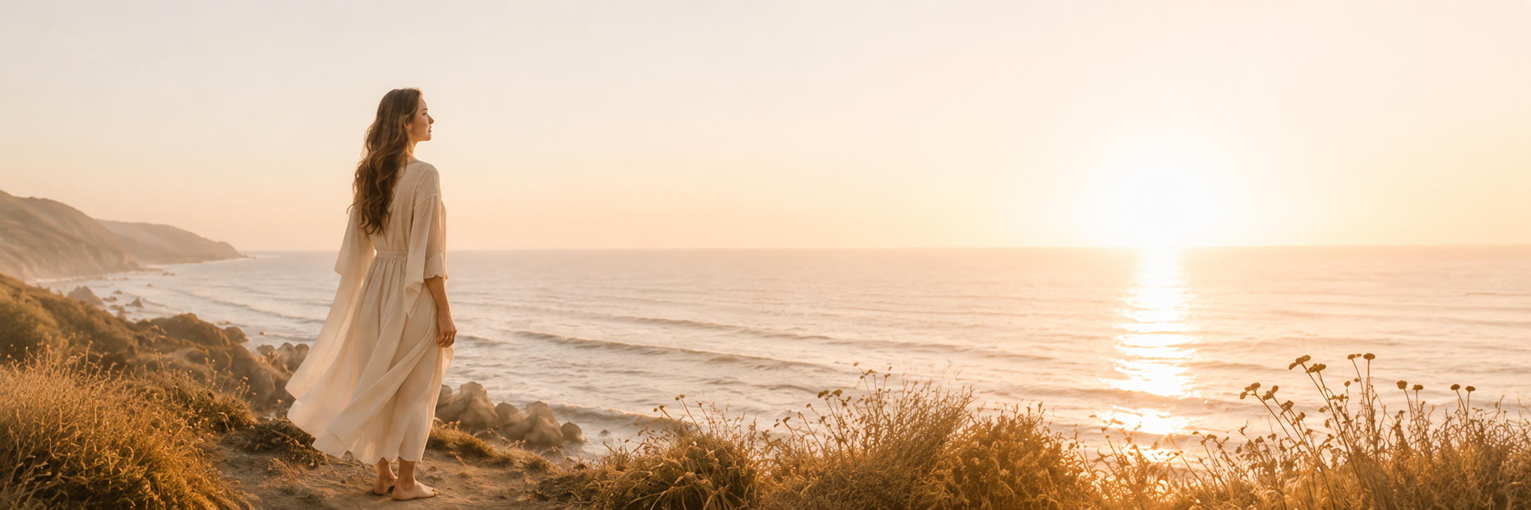 A woman wearing a white dress standing on a cliff overlooking the ocean during sunset.