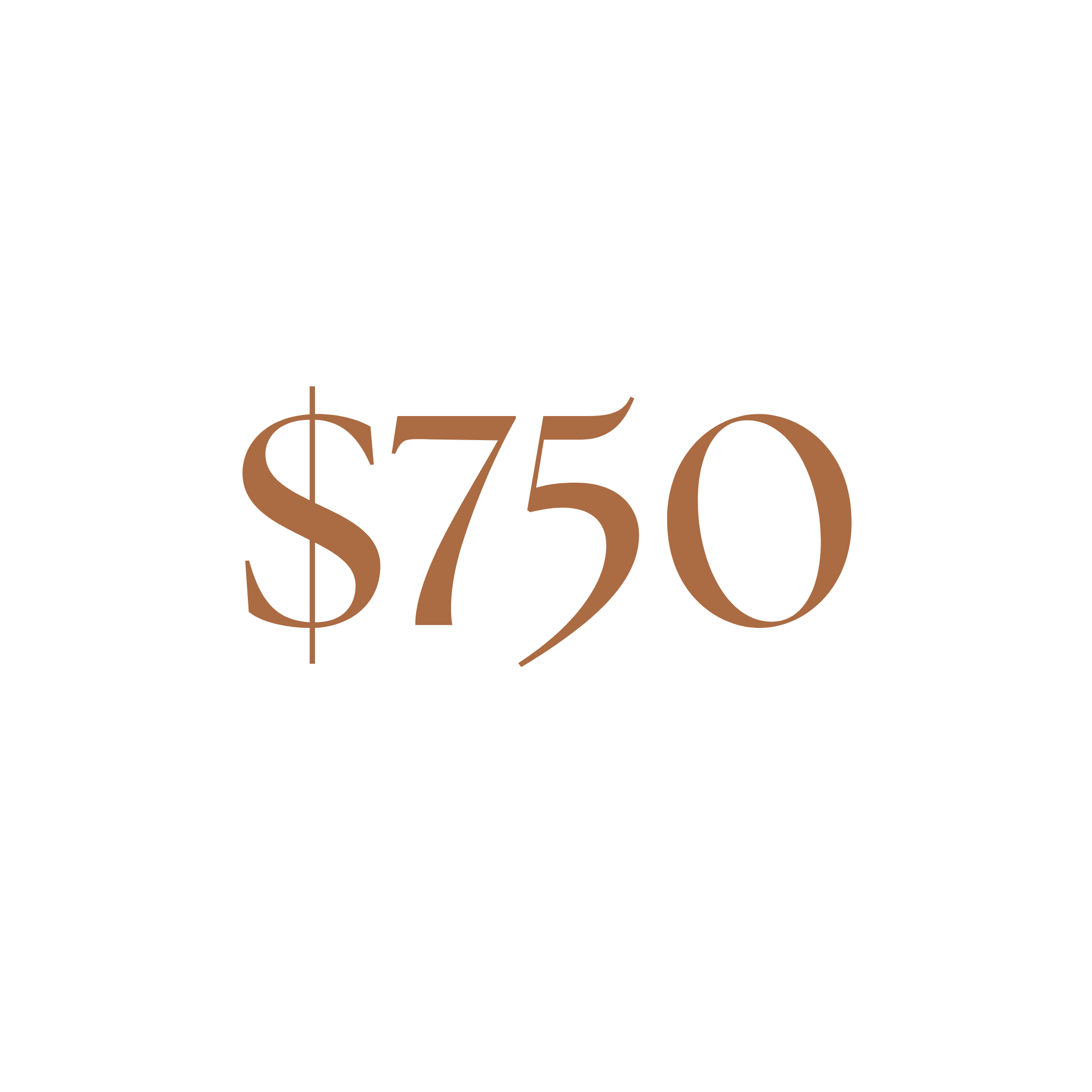 Stylized black drawing of a cat face with a crown above its head and the text '$750' below in brown.