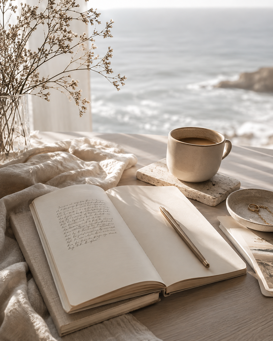A cozy scene with an open notebook, pen, mug of coffee, decorative bowl with jewelry, and dried flowers on a table overlooking the ocean.