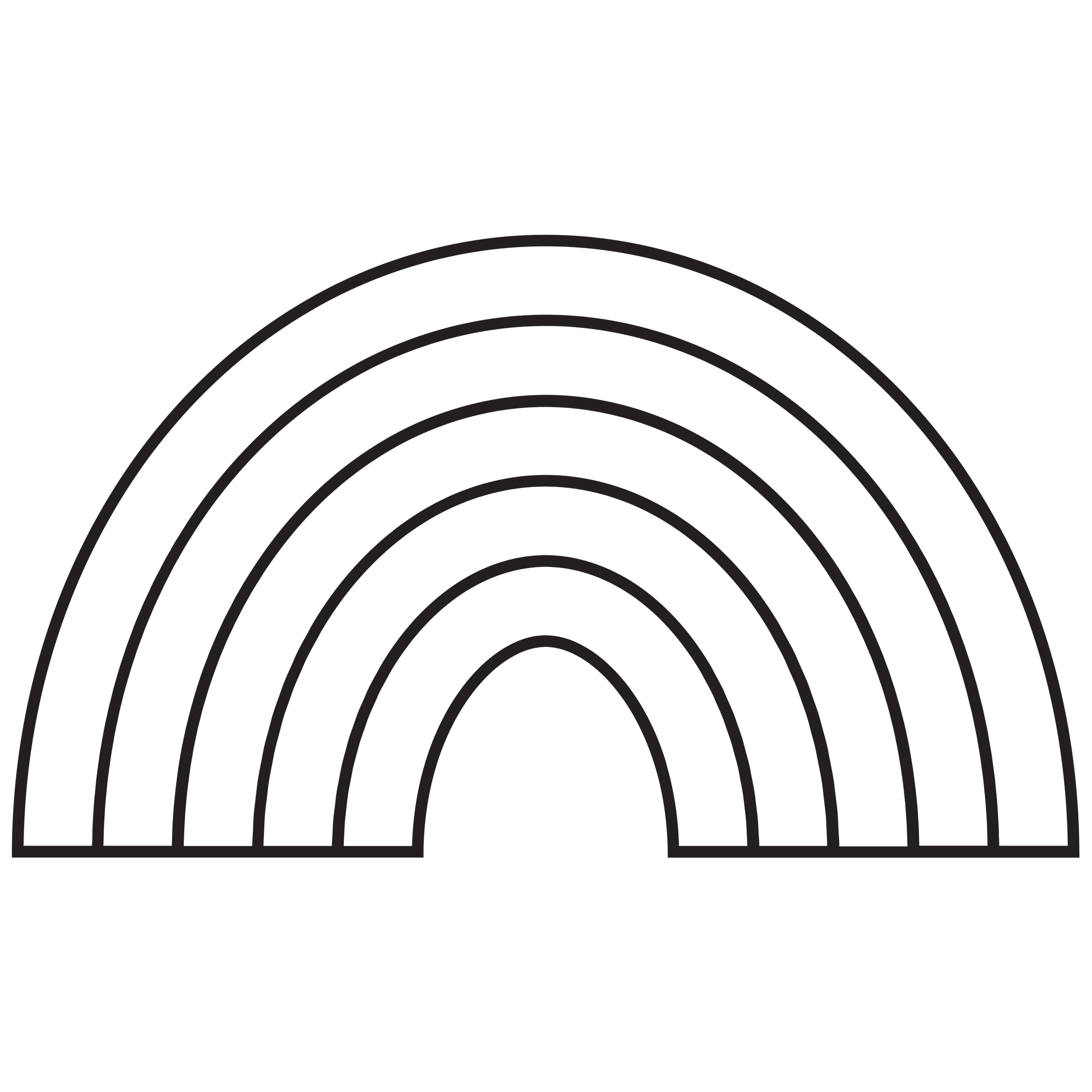 A black and white line drawing of a rainbow with five curved bands and an arch with a door and a window.