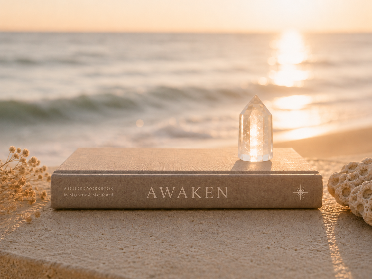 A hardcover book titled "AWAKEN" resting on a textured surface with a crystal prism and some coral-like objects on either side, set against a beach with ocean waves and a sunset in the background.