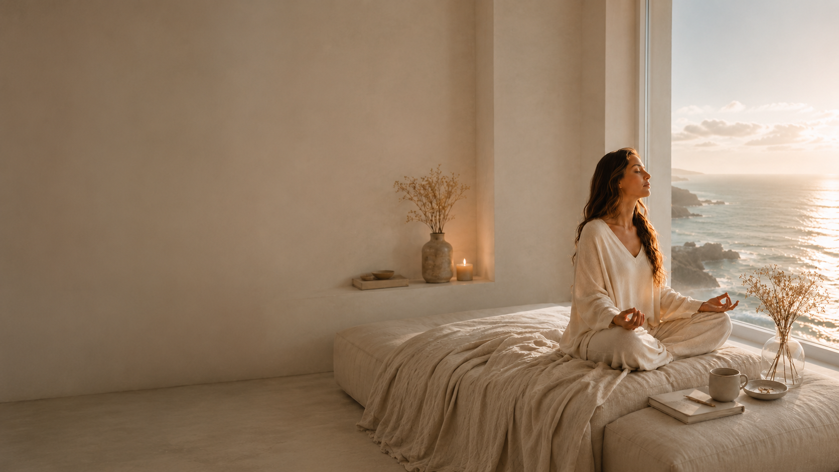 Woman meditating by a large ocean-view window in a calm neutral room at golden hour