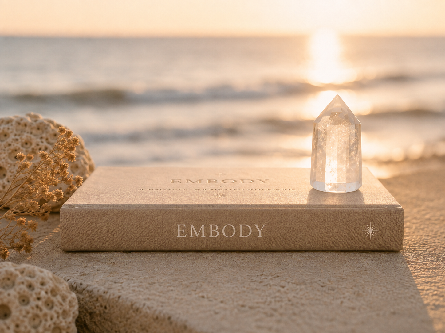 A beige book titled 'EMBODY' is placed on sand near the ocean with a clear quartz crystal on top. Dried flowers and porous rocks are nearby, and the ocean waves are visible in the background at sunset.