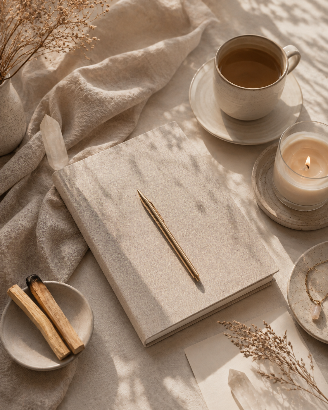 A flat lay arrangement featuring a beige notebook with a gold pen on top, a white ceramic cup of coffee on a saucer, a lit candle in a glass holder, dried flowers, a small dish with a pendant, and a bundle of palo santo sticks, all placed on a cream-colored textured cloth with warm natural sunlight.