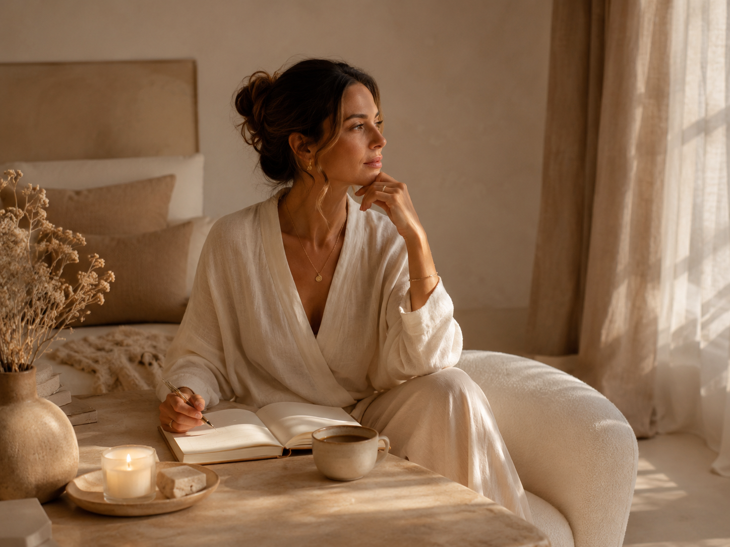 A woman sitting on a cream-colored sofa, looking out a window with curtains, holding a pen over an open book, with a cup of coffee, a candle, and dried flowers on the table.
