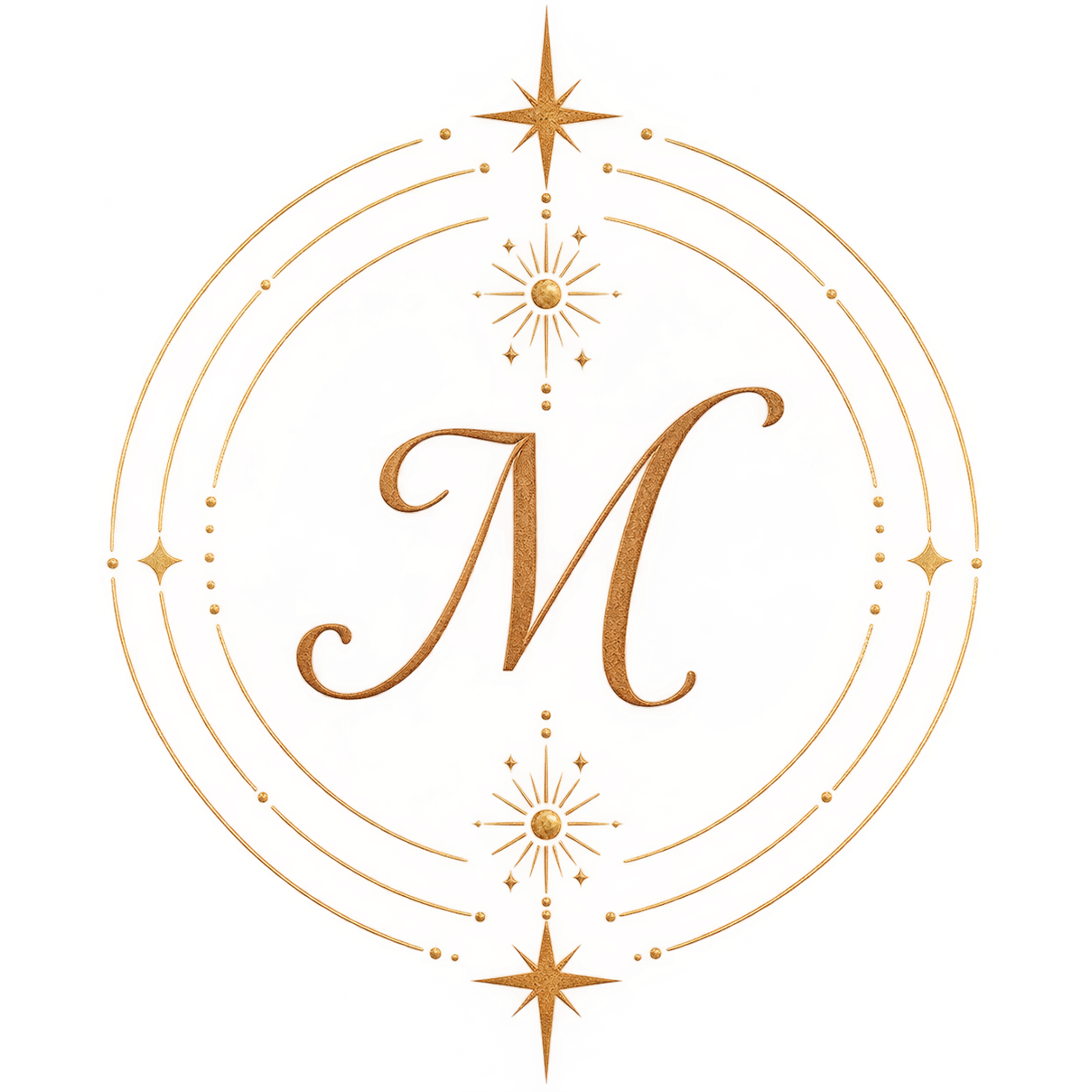 A decorative circular emblem with the letter 'M' in the center, surrounded by gold embellishments and stars, against a colorful background with red and black splotches.