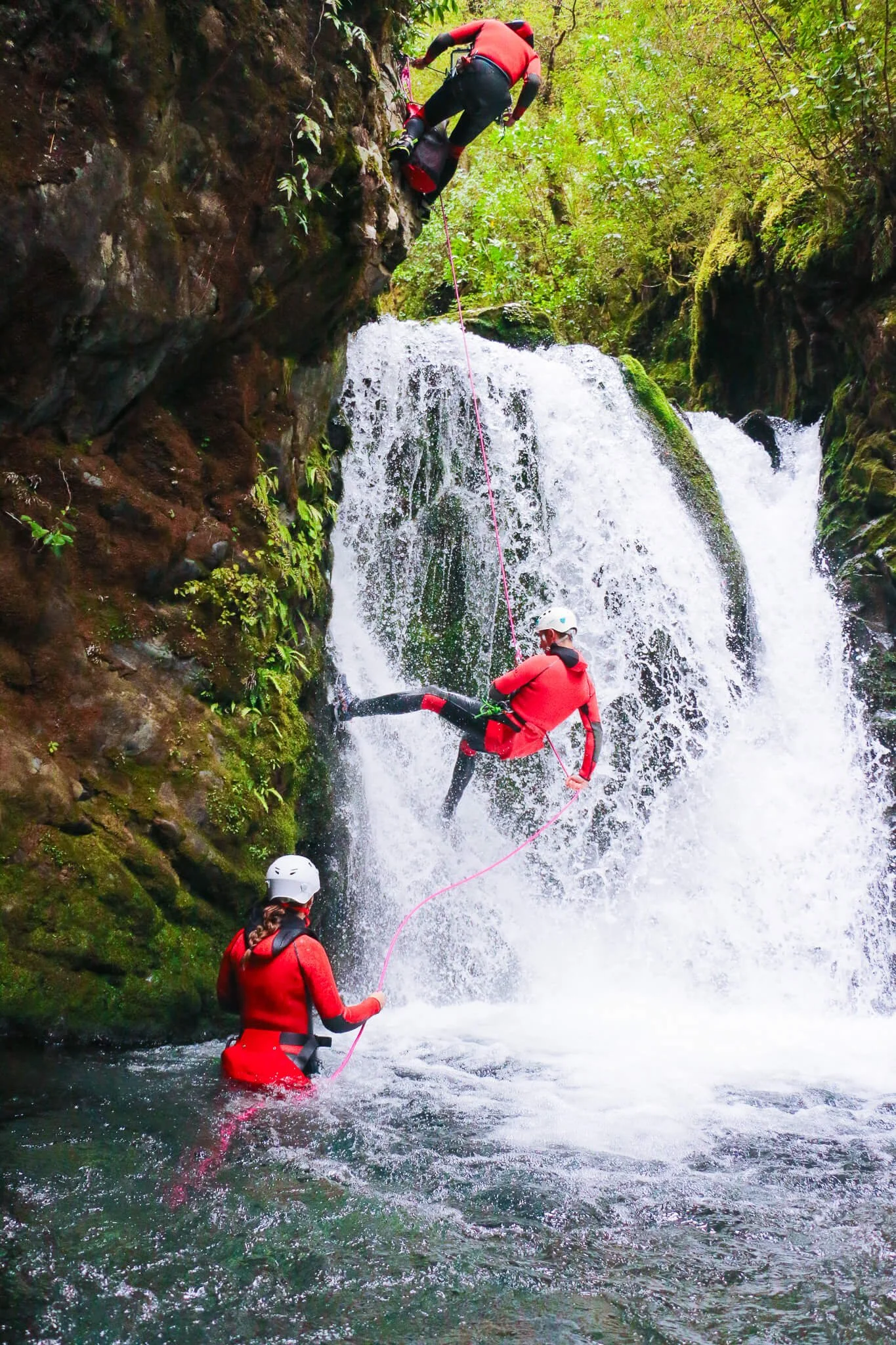 People in red wetsuits and helmets rappelling down a waterfall in a lush, green forest.