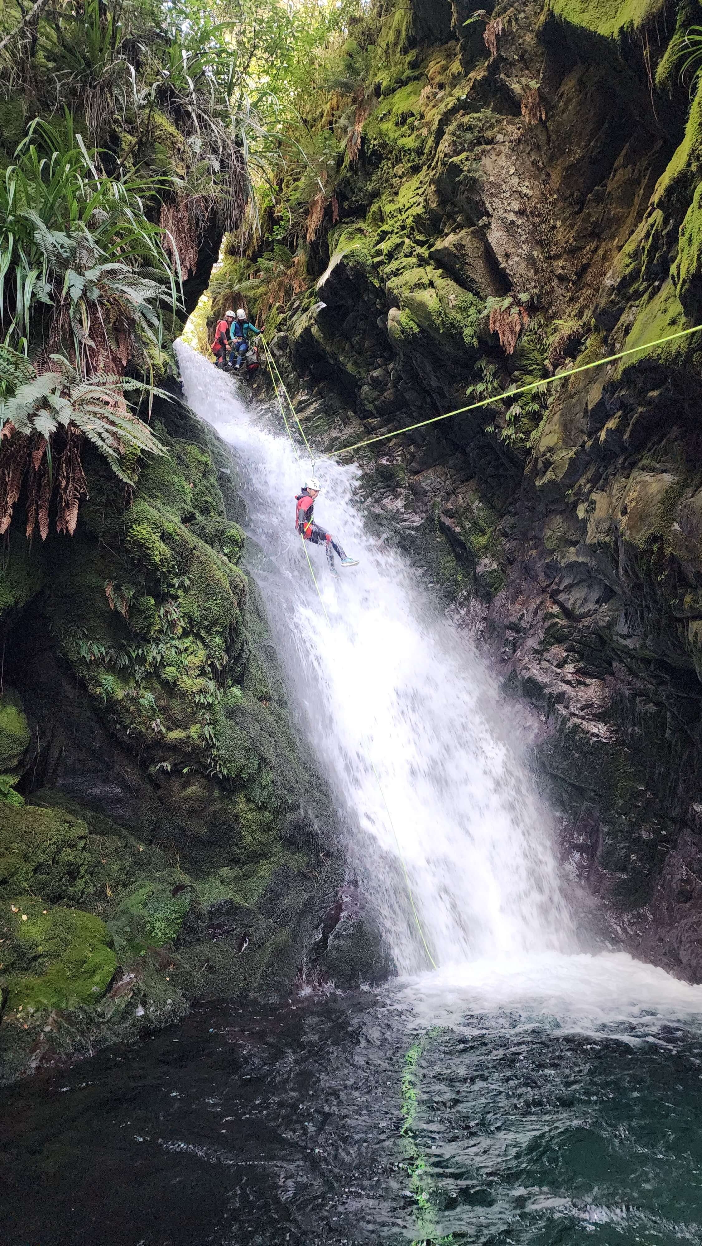 Group of people in helmets and harnesses canyoning, descending a waterfall in a moss-covered, rocky canyon with dense greenery.
