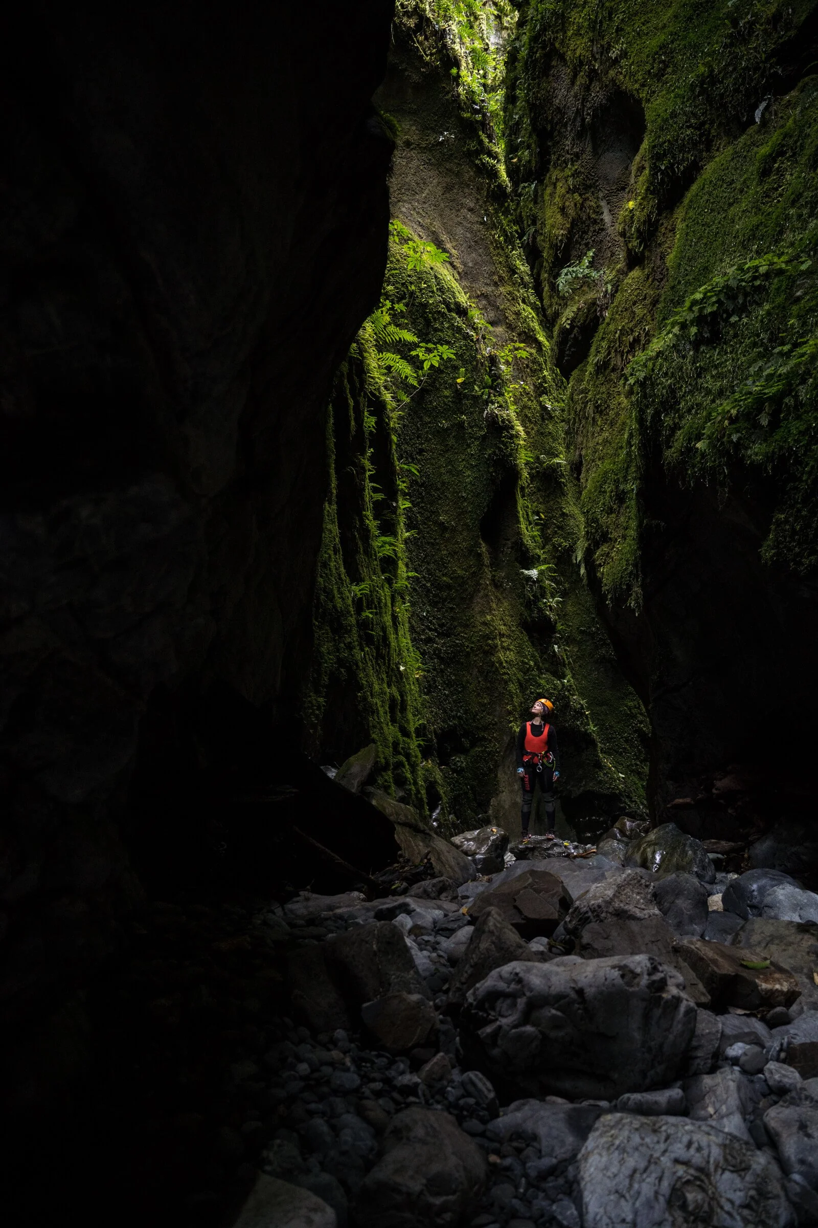 A person wearing a helmet and outdoor gear standing in a moss-covered canyon with steep rock walls and lush greenery, with rocks and water on the canyon floor.