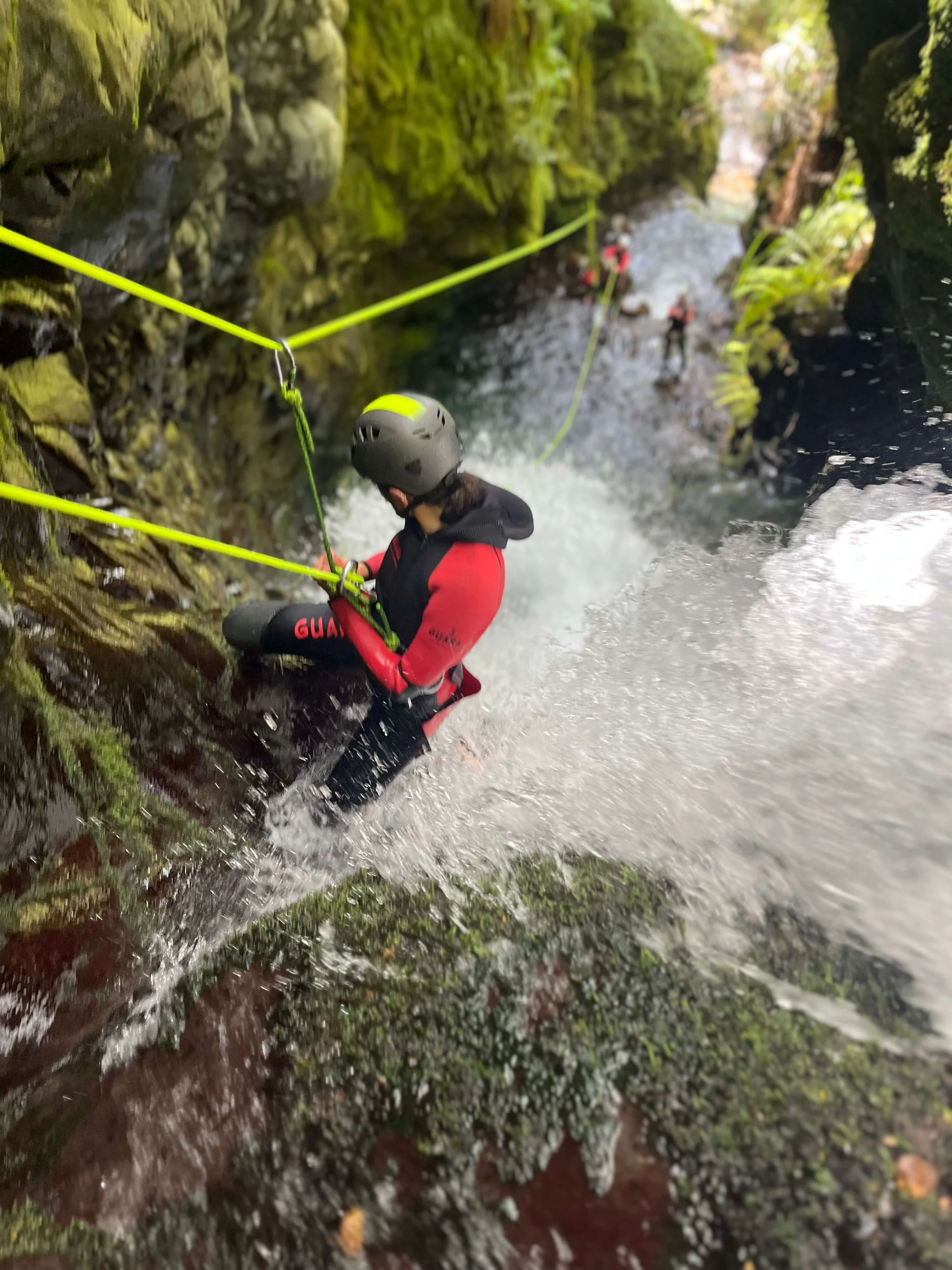 People rappelling down a moss-covered rock face over a flowing river in a lush, green canyon.