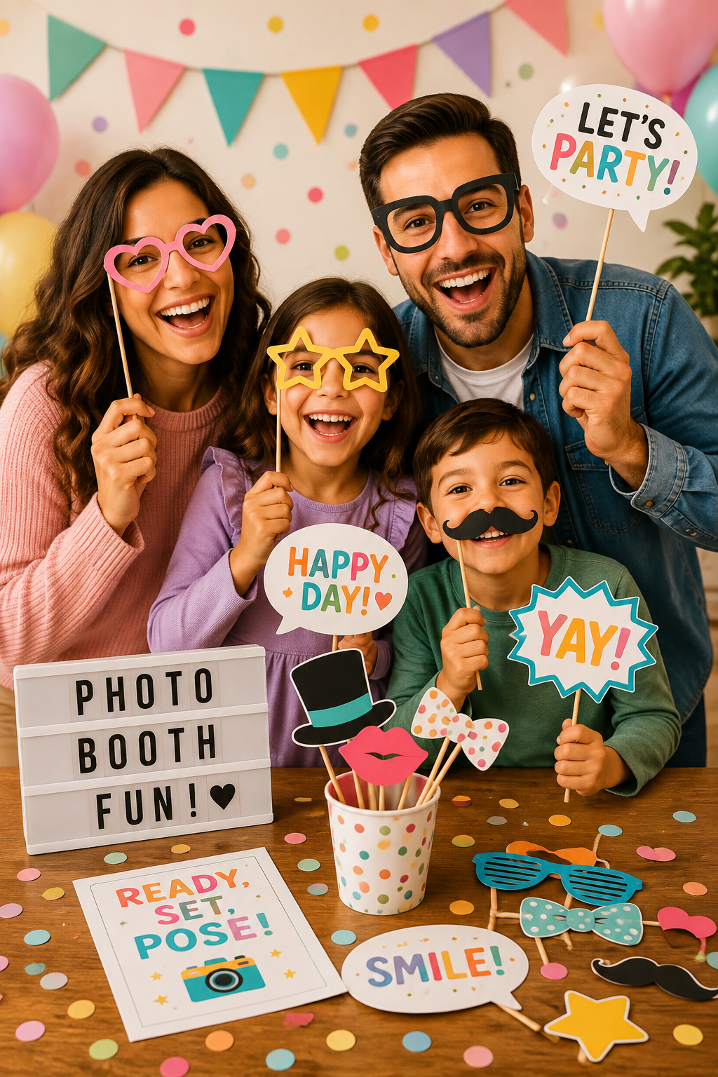 Family using printable photo booth props including glasses, speech bubbles and party signs.