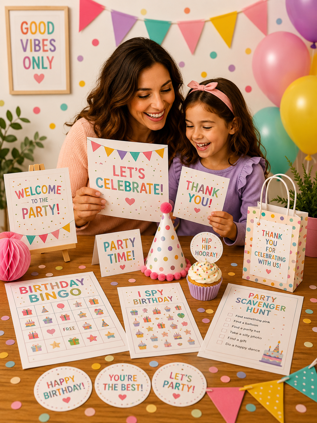 Woman and child celebrating with printable party signs, games and birthday decorations.