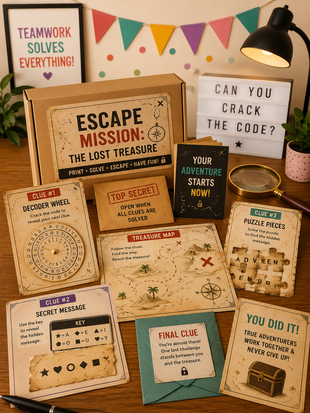 Printable escape game setup with clues, puzzles, map and secret messages.