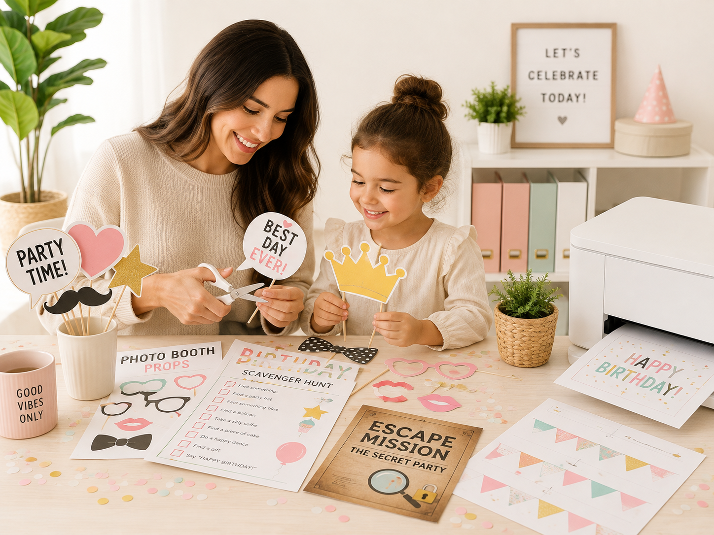 Woman and child enjoying printable party games and photo booth props at a birthday celebration.