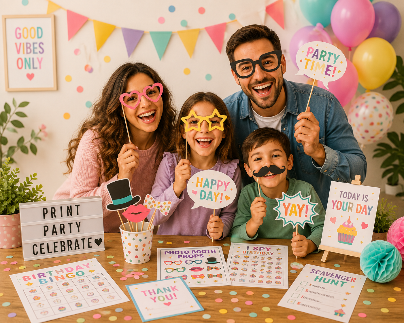 Family celebrating a birthday with printable photo booth props and party decorations.