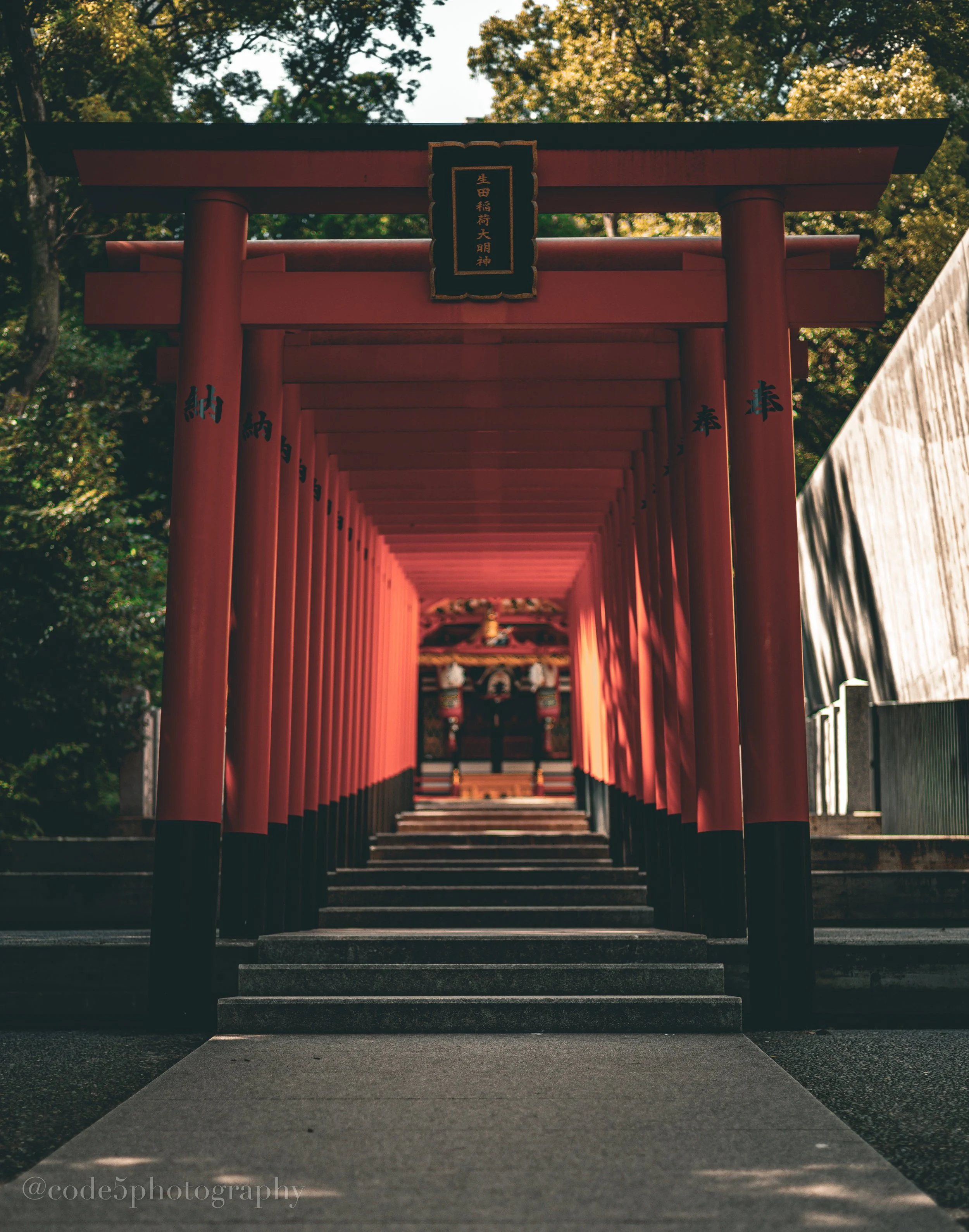 A series of red torii gates forming a tunnel leading to a shrine, with stairs at the entrance and surrounded by greenery.