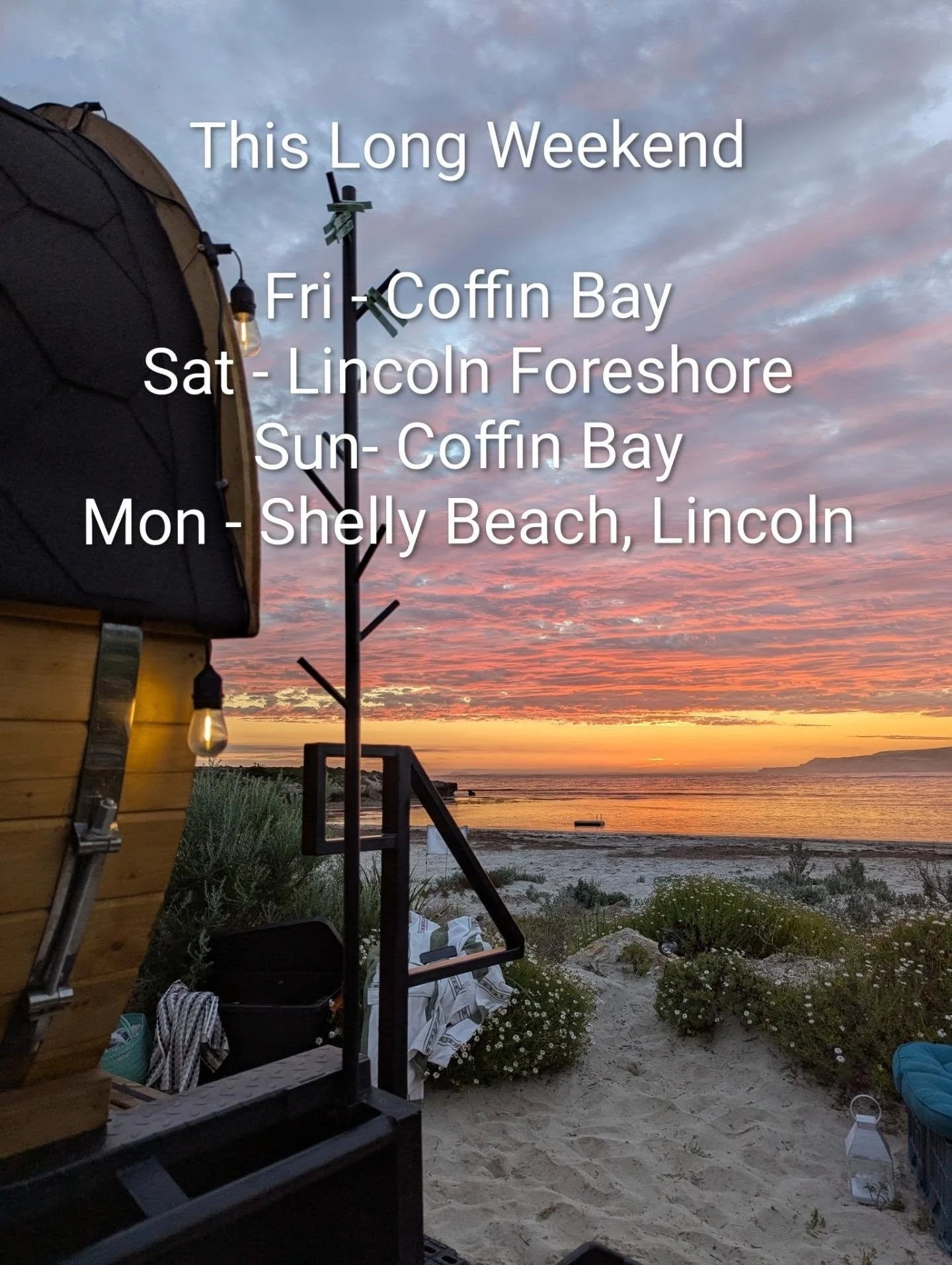 Sweaty Betty, our wood-fired sauna, is back in Coffin Bay tomorrow 🔥

6:30am has already been snapped up, but if you&rsquo;re an early bird we can still get you in at 6am, later in the morning or, we&rsquo;ve got a couple of night spots left too.

T