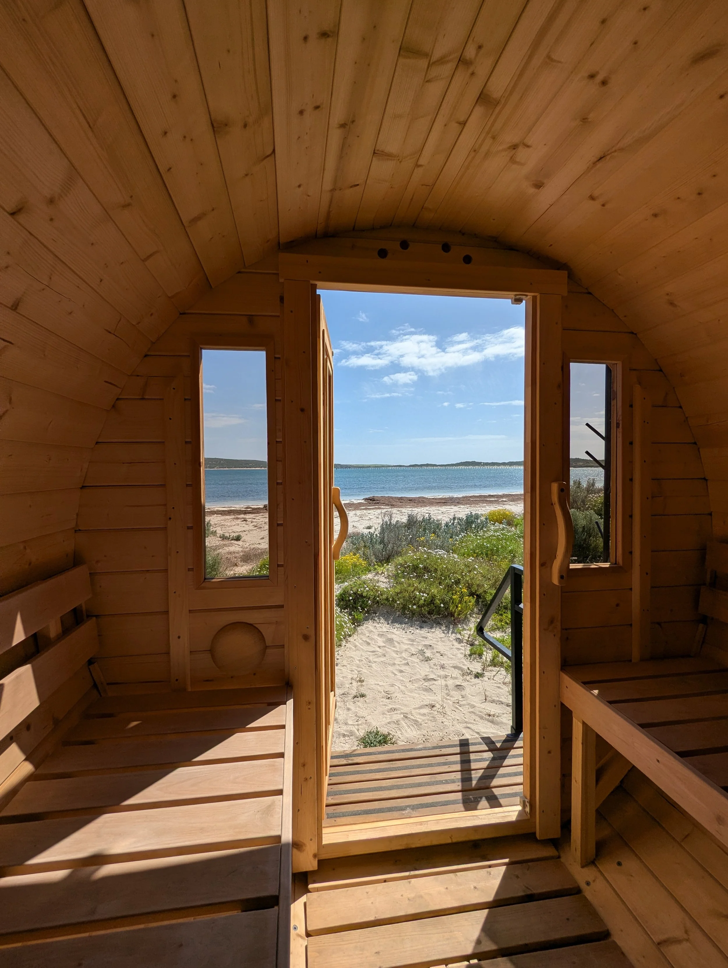 image inside sauna looking out to Elliston Beach