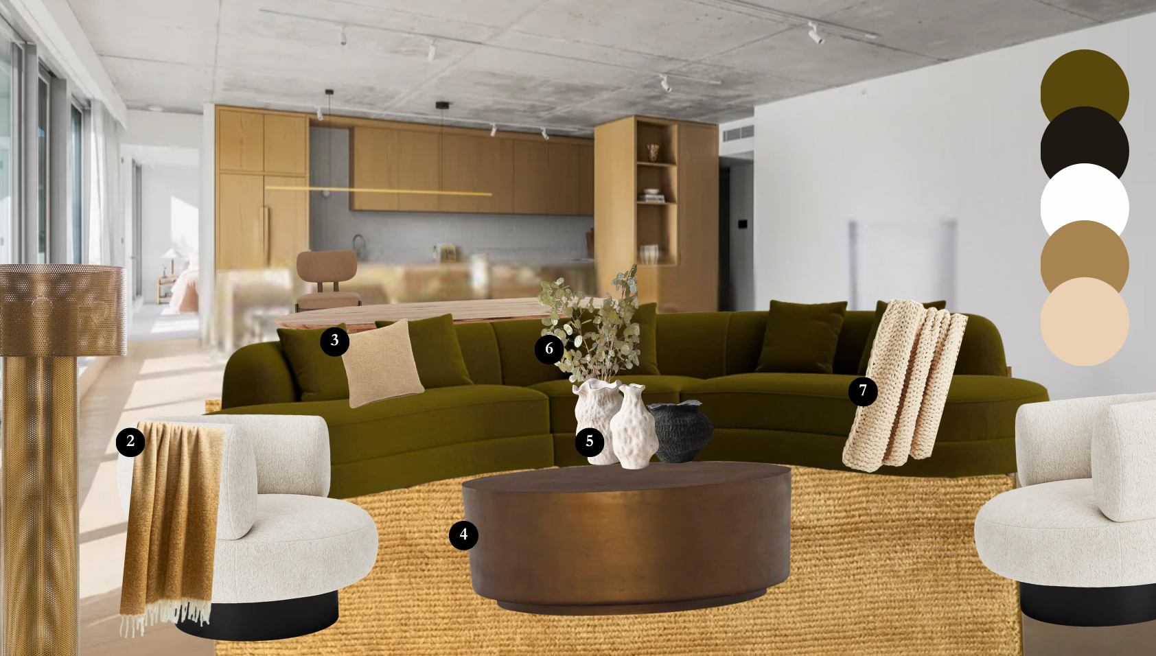 Furniture choices and decor recommendations mocked up inside Lucinda's apartment.