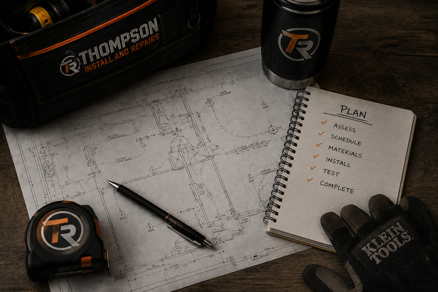 Blueprints, a pen, a measuring tape, a gloves, a water bottle, and a planner with a list of steps for a construction or installation project on a wooden table.