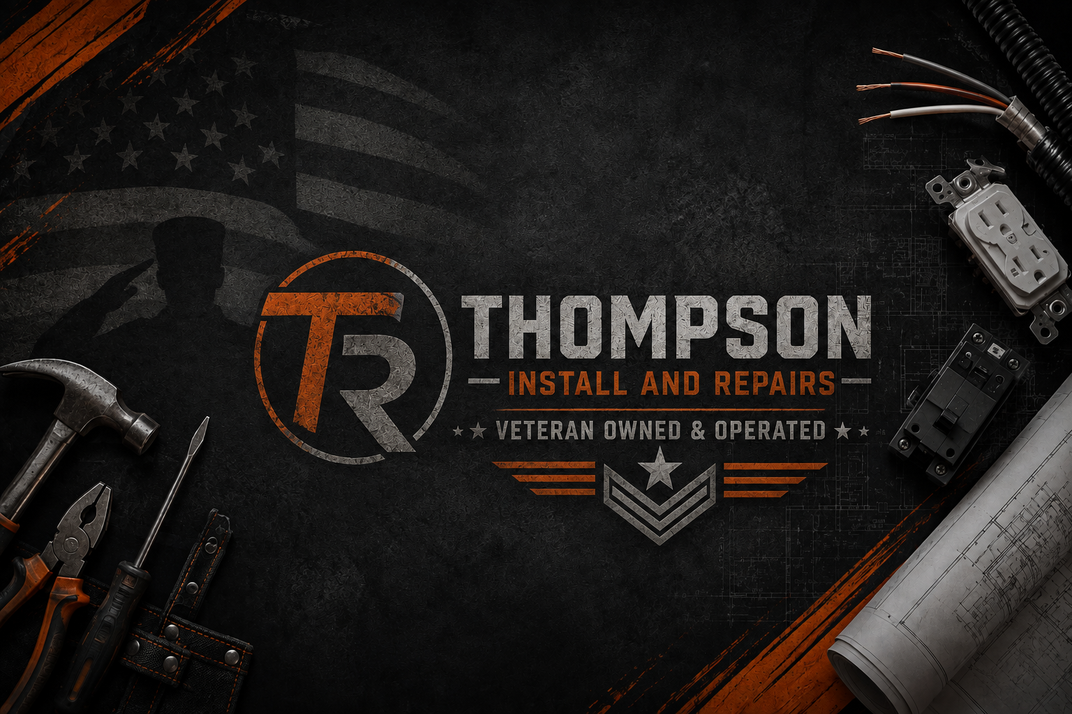 Business advertisement for Thompson Install and Repairs featuring tools, electrical outlets, and blueprint on a dark background with American flag overlay.