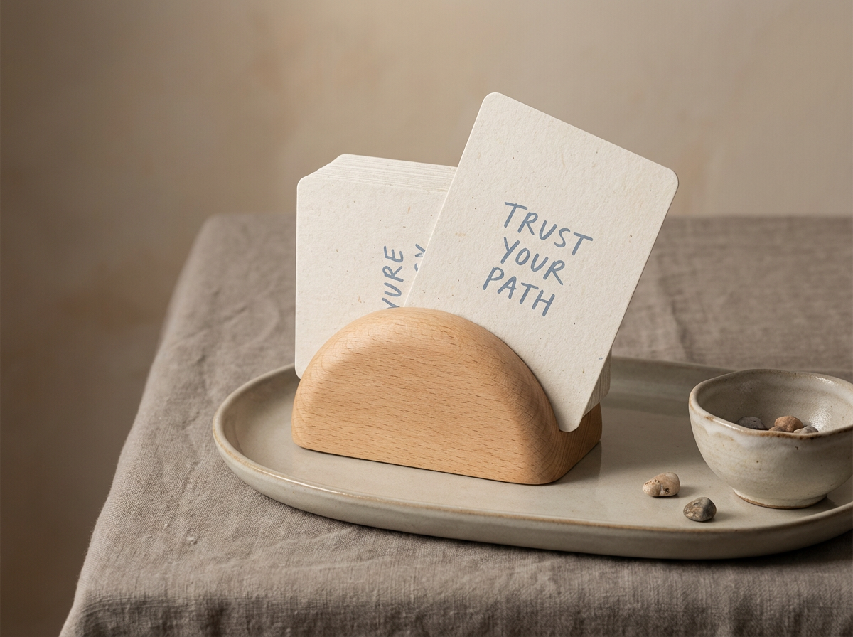 A wooden card holder with two cards that say "Trust Your Path" on a ceramic tray, with a small bowl of pebbles nearby on a cloth-covered surface.