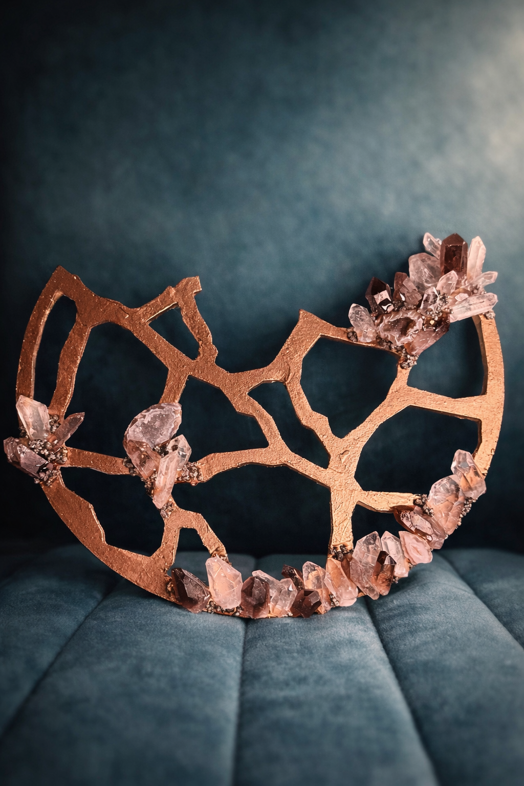 A rose gold decorative object with an abstract, geometric openwork design, adorned with pink and brown crystals around the edges, placed on a blue upholstered surface.