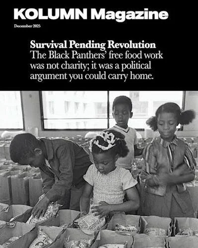 Children packing food in a community kitchen, with a magazine cover showing the title 'KOLUMN Magazine' and an article about Black Panther's free food work.