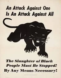 Black panther with aggressive posture and sharp claws, accompanied by text promoting action against racial injustice