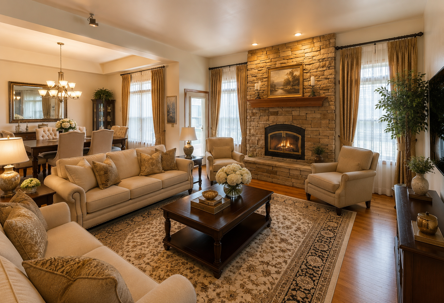 Living room with beige sofas, armchairs, a wooden coffee table with white flowers, a stone fireplace with a painting above, large windows with gold curtains, a dining area with a chandelier, and various lamps and potted plants.