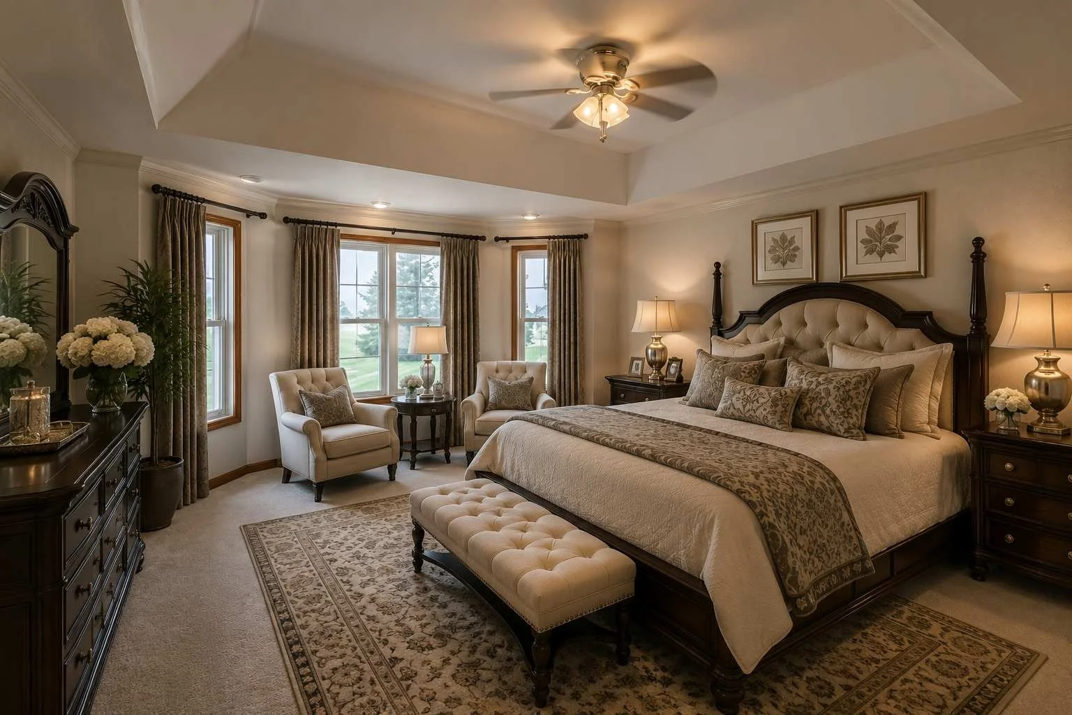 Elegant bedroom with large bed, tufted bench, beige and gold decor, windows with patterned curtains, two armchairs, and nightstands with lamps.