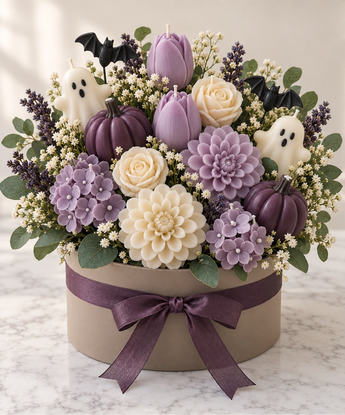 Lavender Haunting Halloween candle bouquet with lavender tulips, ivory dahlias, white ghosts and dark accents in a taupe hat box with purple ribbon