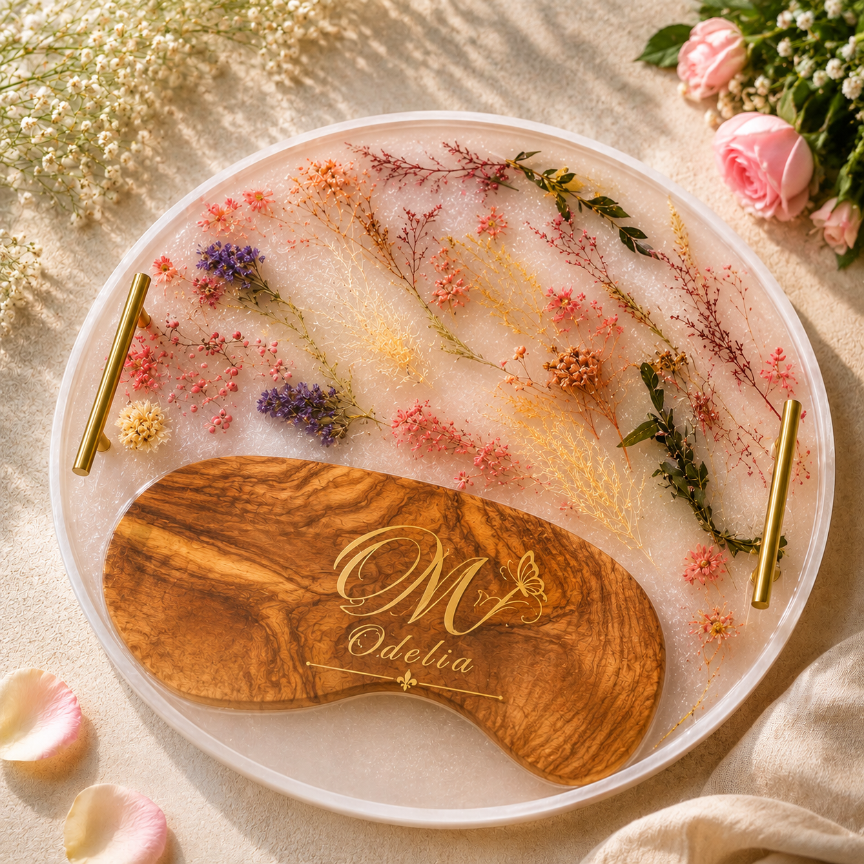 Round white resin tray with gold handles, embedded with pressed pink, purple and orange wildflowers, holding a wooden charcuterie board engraved with 'M Odelia'