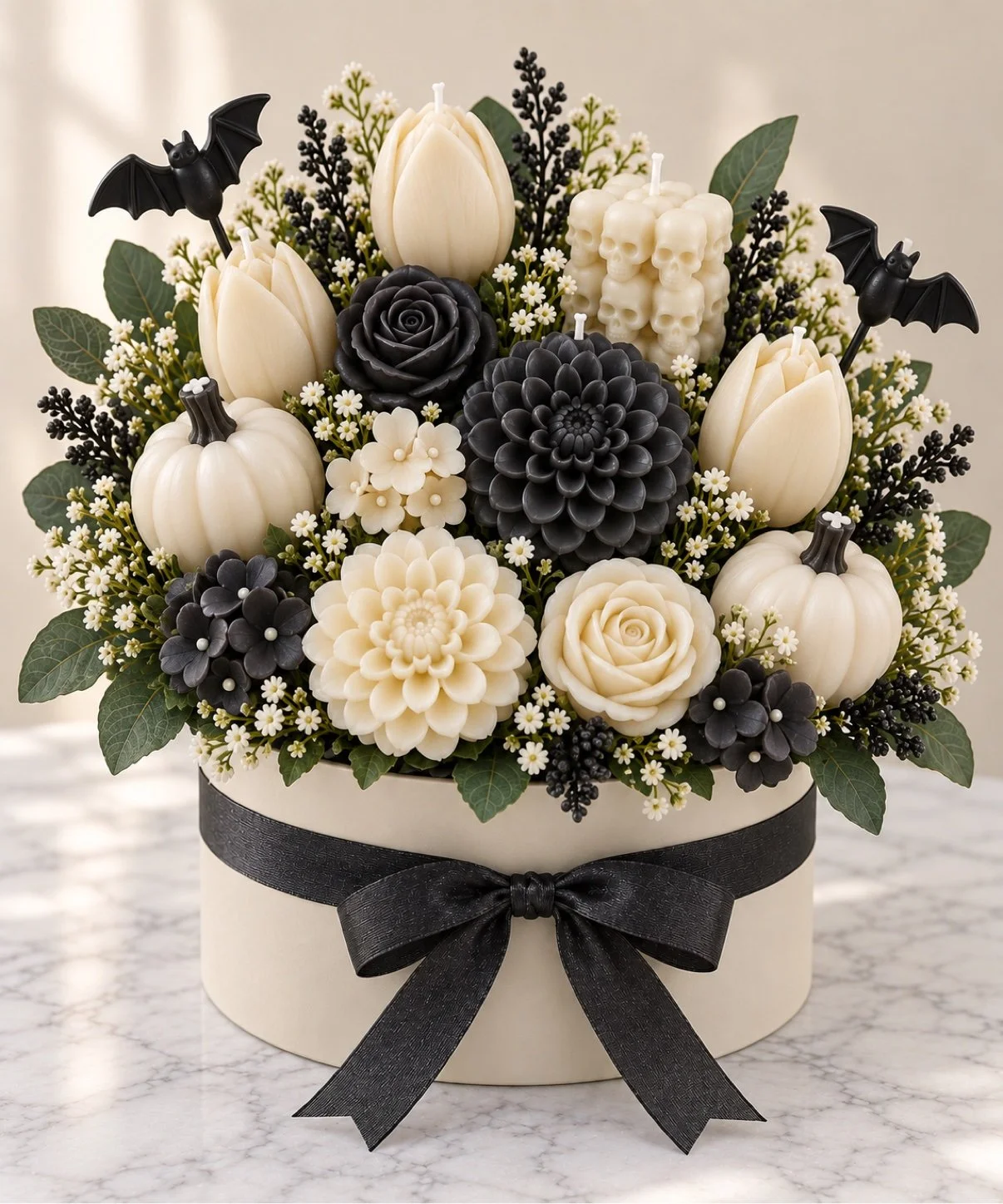 Haunted Elegance black and ivory Halloween candle bouquet with skull pillar candle, black roses and dahlias, ivory tulips, white pumpkins and bat picks in an ivory hat box with black ribbon